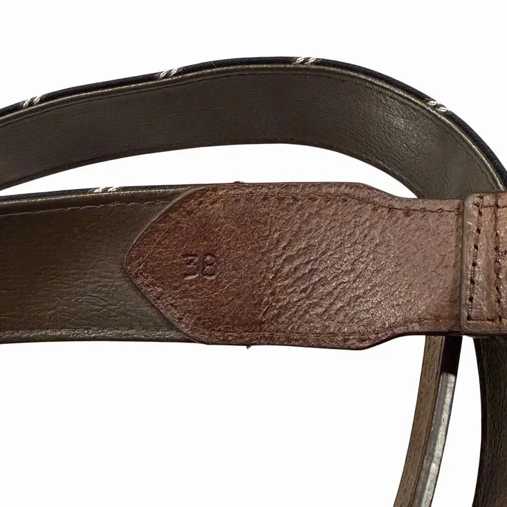 F.H. Wadsworth NYC Brass Brown Leather Belt Wool Navy Blue White Stripes 38